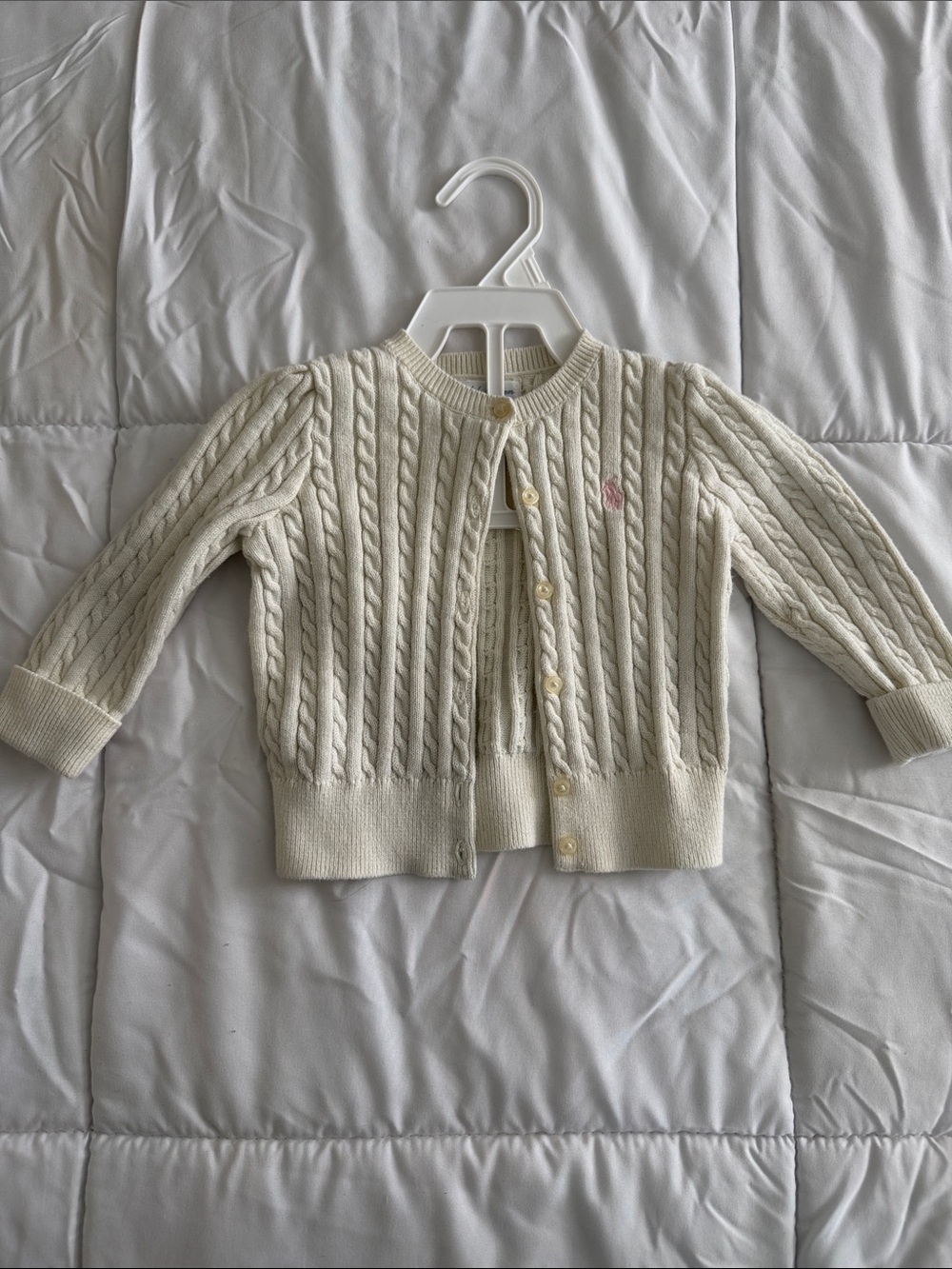 Ralph Lauren Ivory Cable-Knit Baby Cardigan with Pink Pony